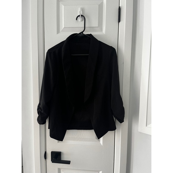 SHEIN Jackets & Blazers - Womens‎ Black Open Front Blazer Shawl Collar Ruched 3/4 Sleeve Work Office Small